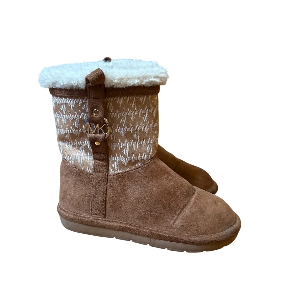 Michael Kors Winter Boots Kids Brown Monogram Faux Fur Logo SIZE 10