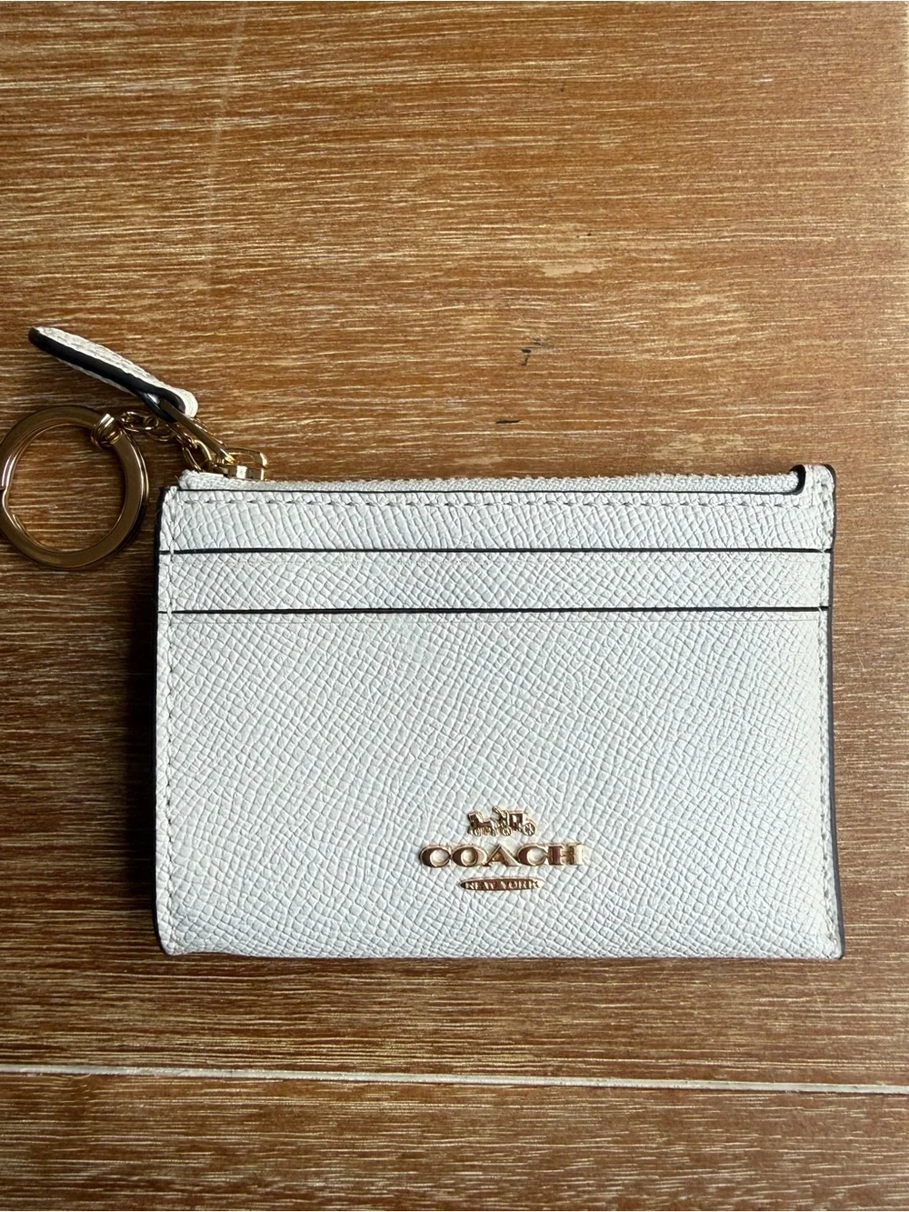 Coach White Saffiano Leather Card Holder with Key Ring