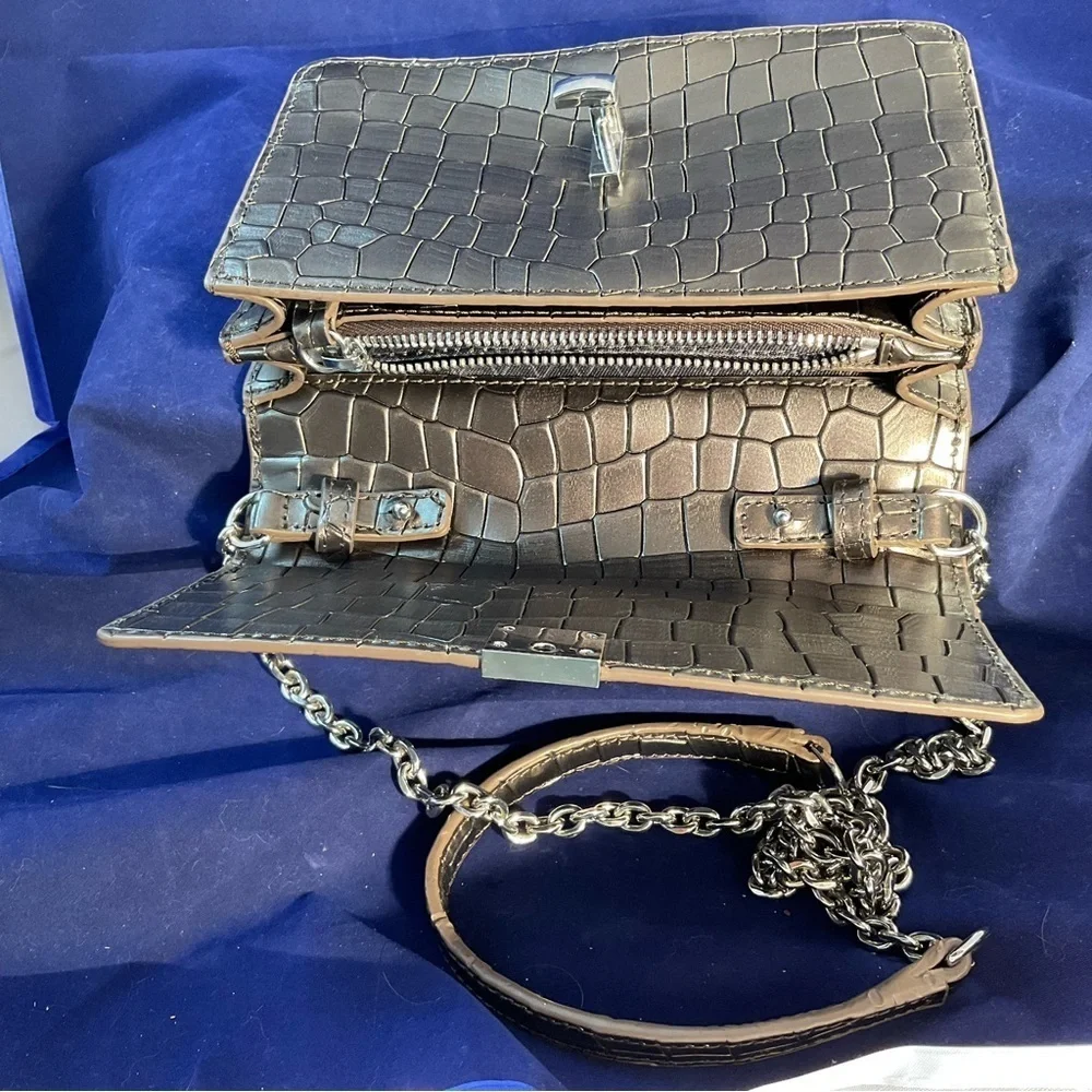 Botkier Metallic Croc-Embossed Leather Chain Crossbody Clutch Gunmetal