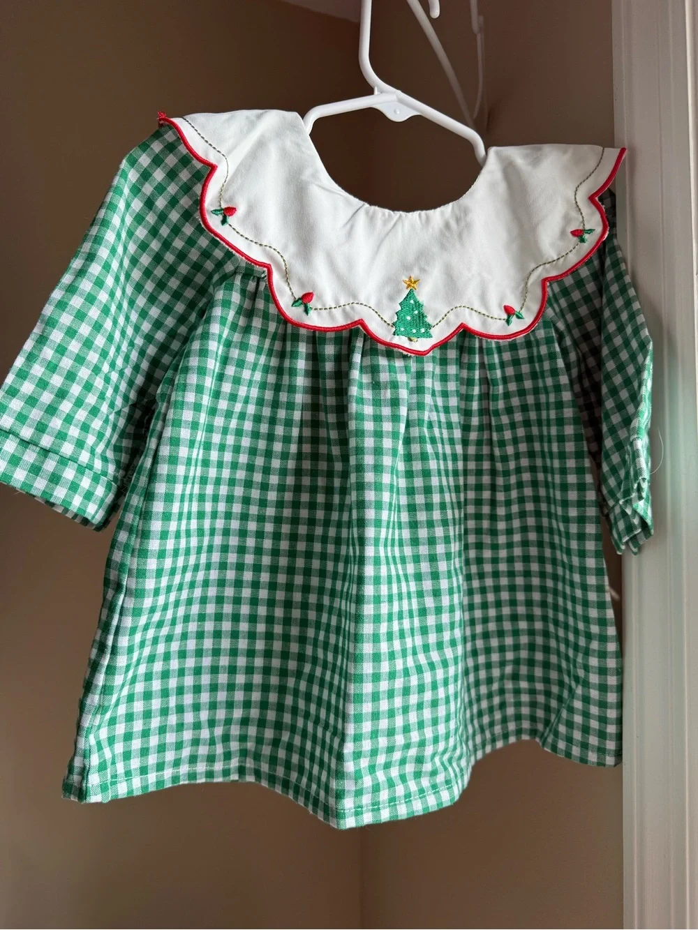 3 for $25 Green and White Gingham Dress with Embroidered Christmas Collar