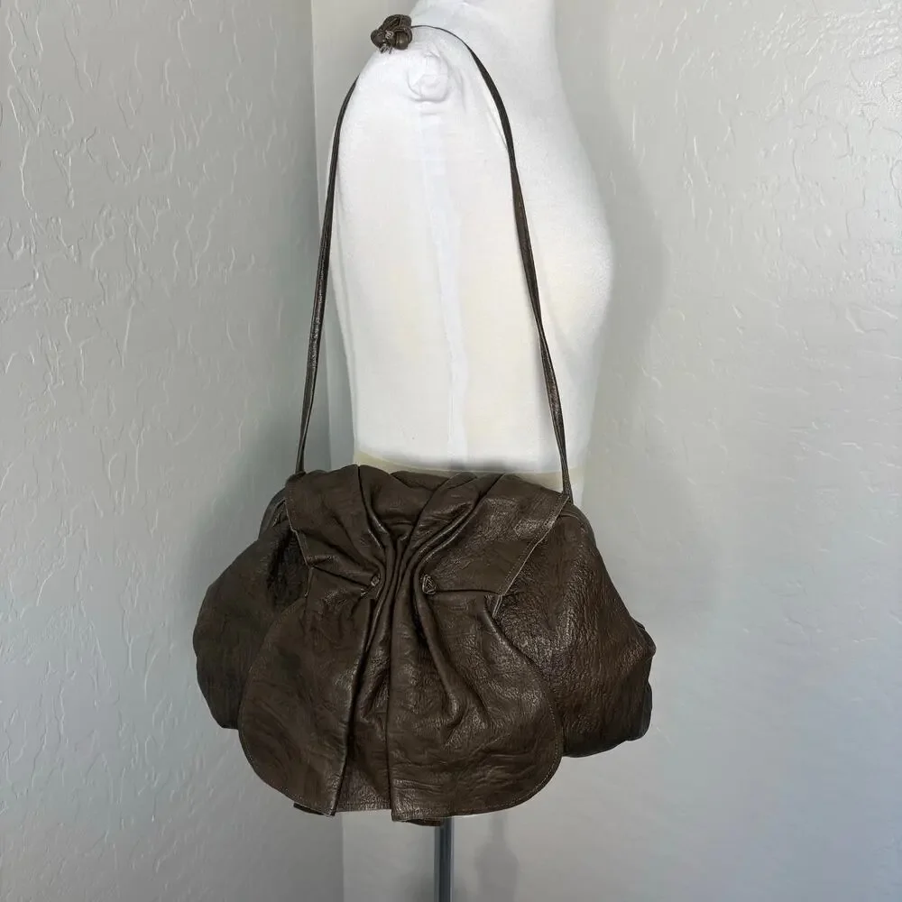 Vintage 1980s Marco Avane Brown Leather Sculptural Frame Shoulder Bag Minimalist