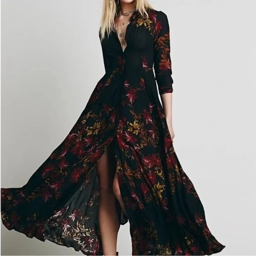 Rare Free People After The Storm Black Red Floral Print Boho Maxi Shirt Dress 4