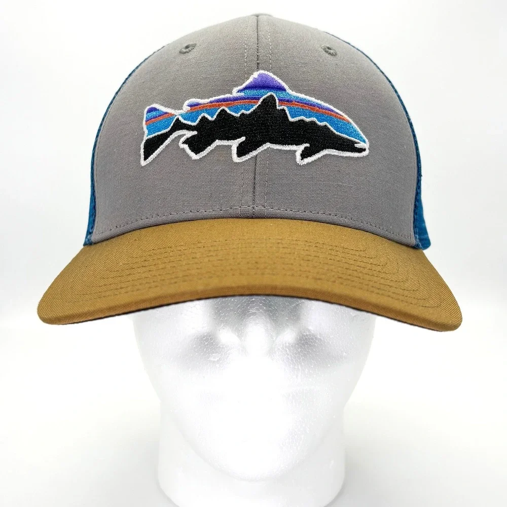 NEW Patagonia Fitz Roy Trout Trucker Hat Gray Blue Snapback NWT One Size Cap