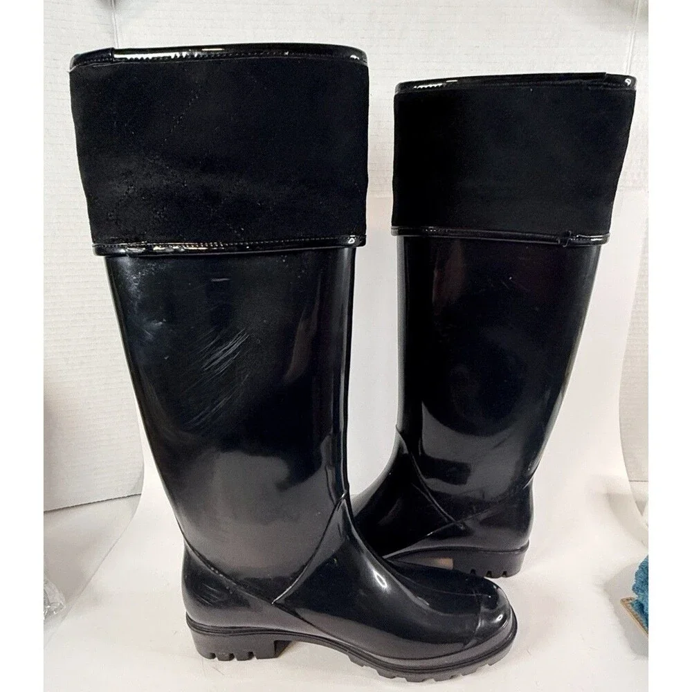 Tommy Hilfiger Women's 9 Black Rubber/ Suede Block Heel Pull on Rain Boots
