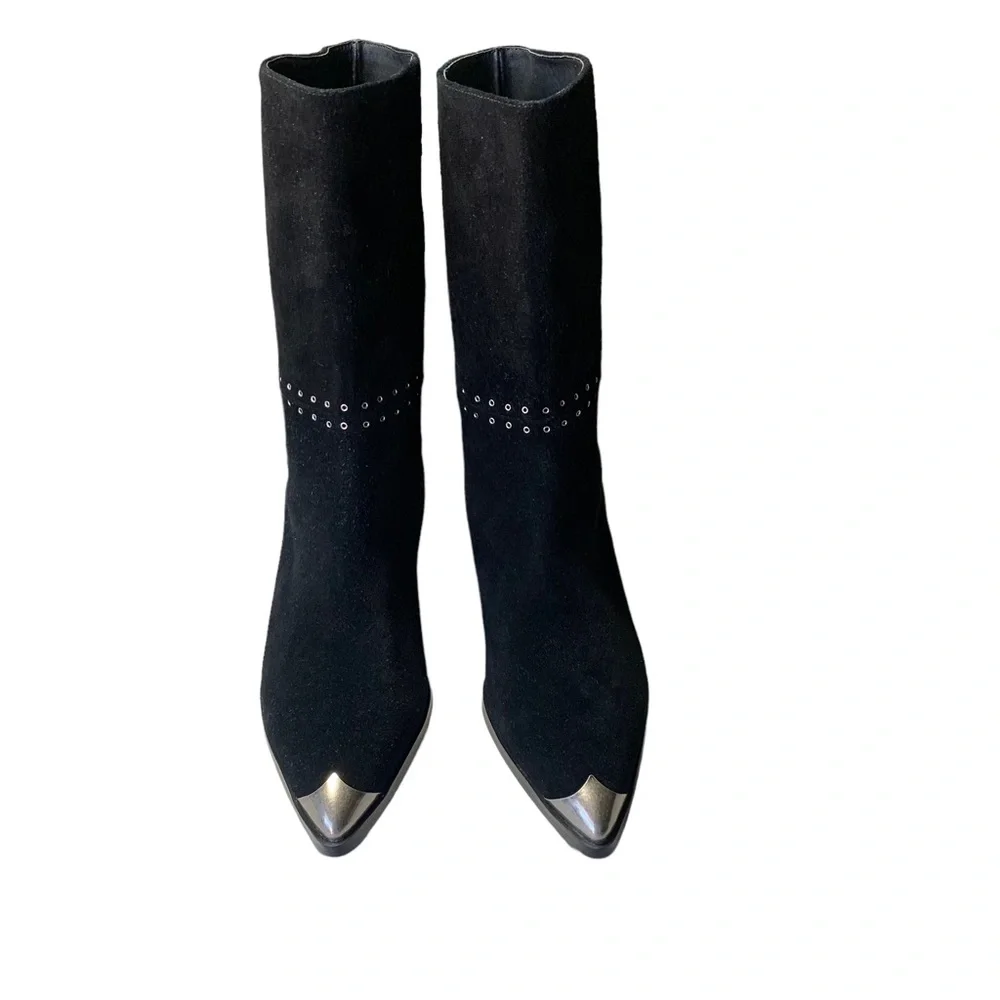 Caverley Collie Black Suede Ankle Boots Silver Toe Cap Women's Size 10 NWOB