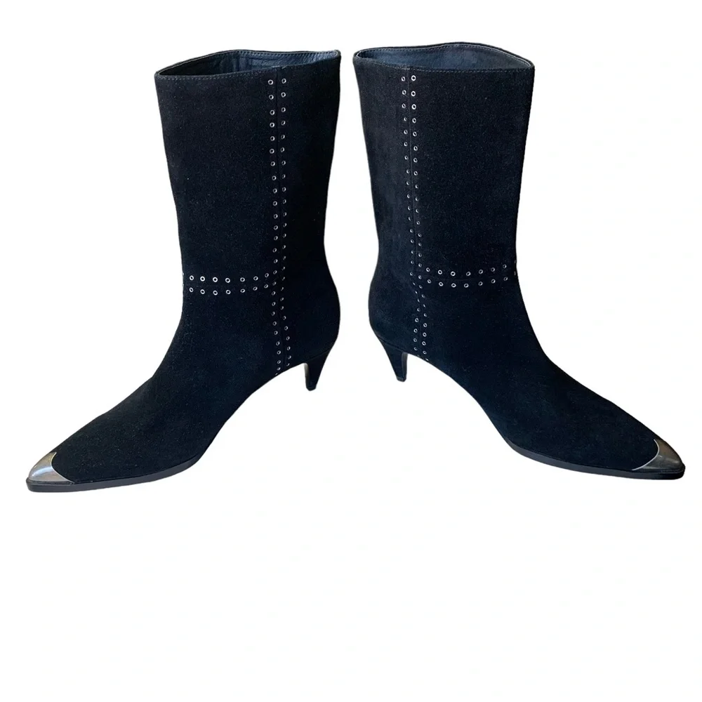 Caverley Collie Black Suede Ankle Boots Silver Toe Cap Women's Size 10 NWOB