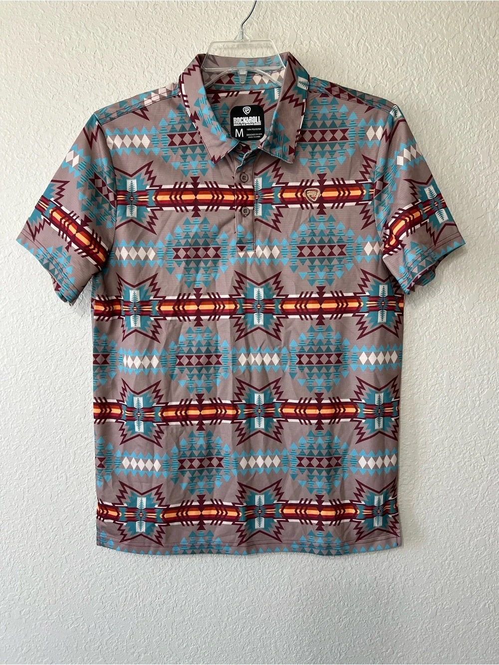 Rock & Roll Denim Aztec Print Polo Shirt Brown Aqua Red S/S Men’s Size Med