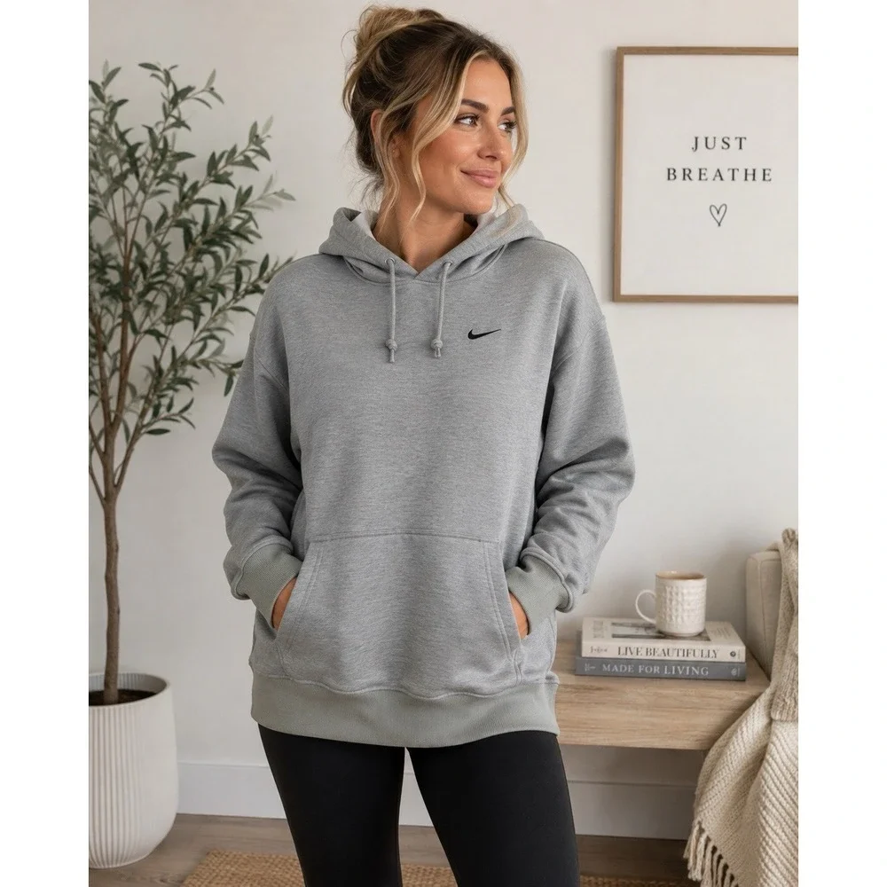 Nike Therma-Fit Fleece Lined Hoodie Gray Pullover Sweatshirt Women's M Logo