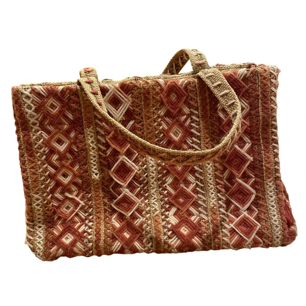 Woven‎ Jute Geometric Diamond Aztec Boho Tote Bag Terracotta Tan Cream Handbag