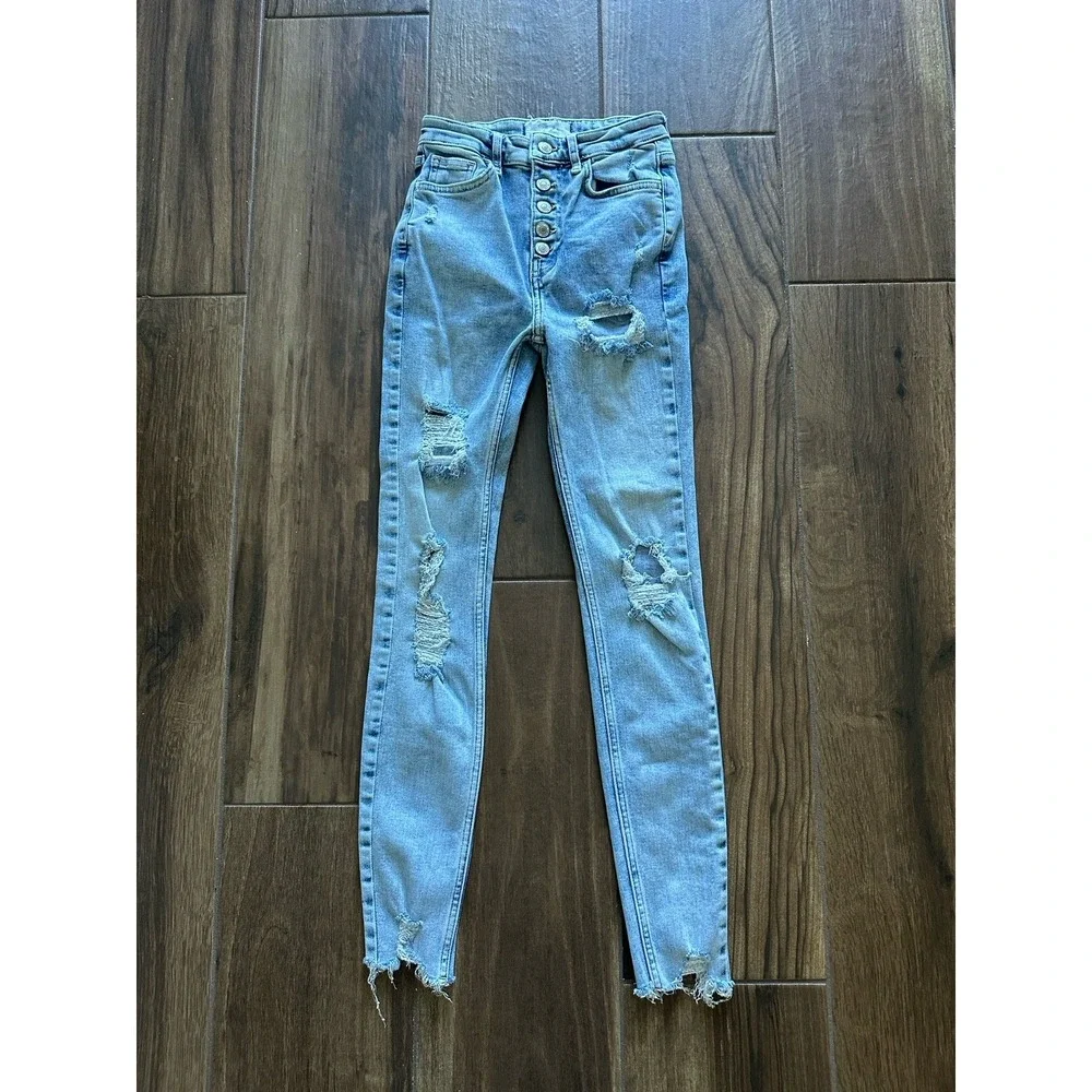 Free People Twenty 4 Ripped High Rise Button Fly Skinny Jeans Light Wash‎