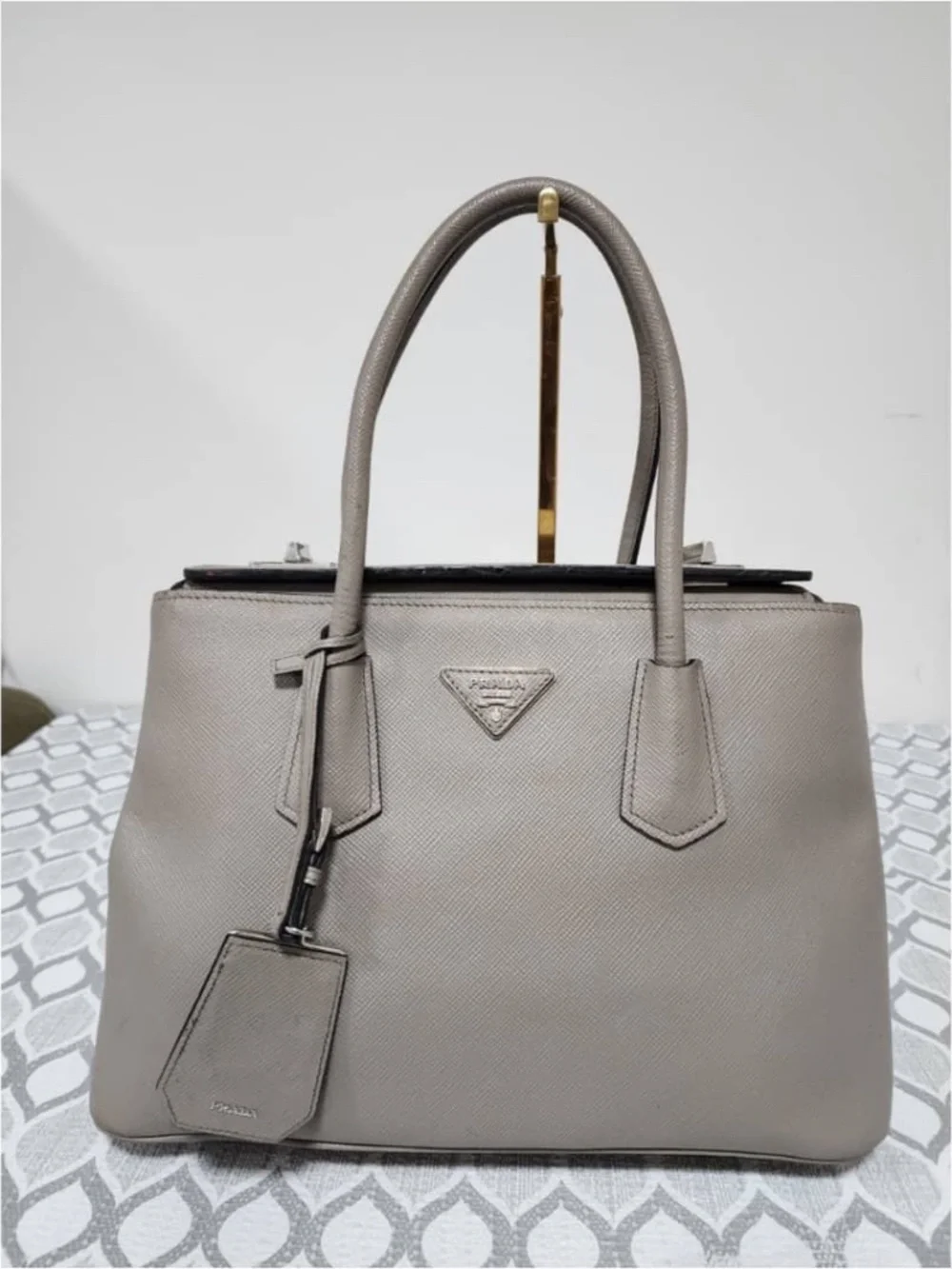 Authentic Prada Grey Saffiano Cuir Leather Twin Tote Bag
