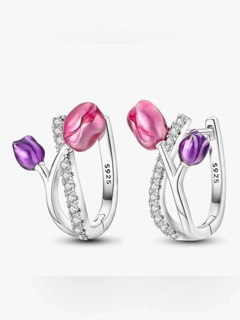 Sterling Silver Stamped 925  Pink & Purple Tulip Hoop Earrings -