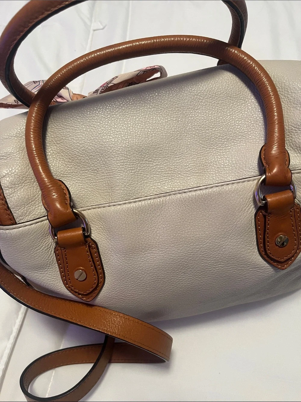 Michael Kors Cream and Brown Leather Satchel with Logo w/ Crossbody Strap EUC