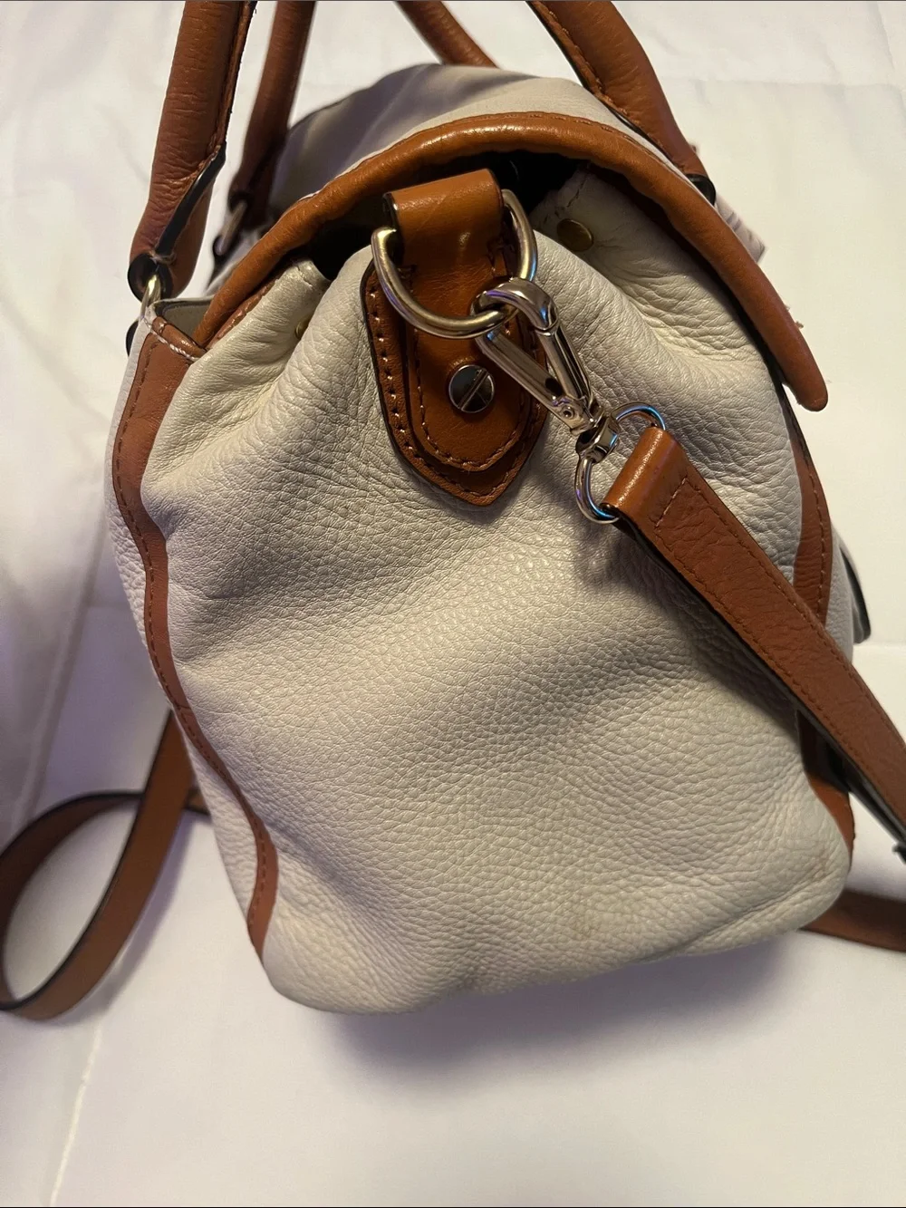 Michael Kors Cream and Brown Leather Satchel with Logo w/ Crossbody Strap EUC