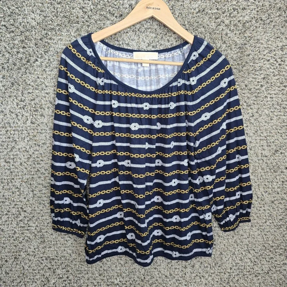 Michael‎ Kors Top Womens Small Blue Chain Print Scoop Neck Peasant Blouse Ladies