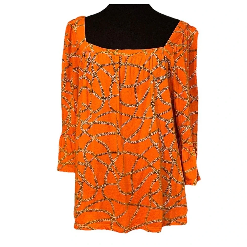 Michael Kors Women's Size L‎ Orange Gold Chain Print 3/4 Bell Sleeve Blouse Top