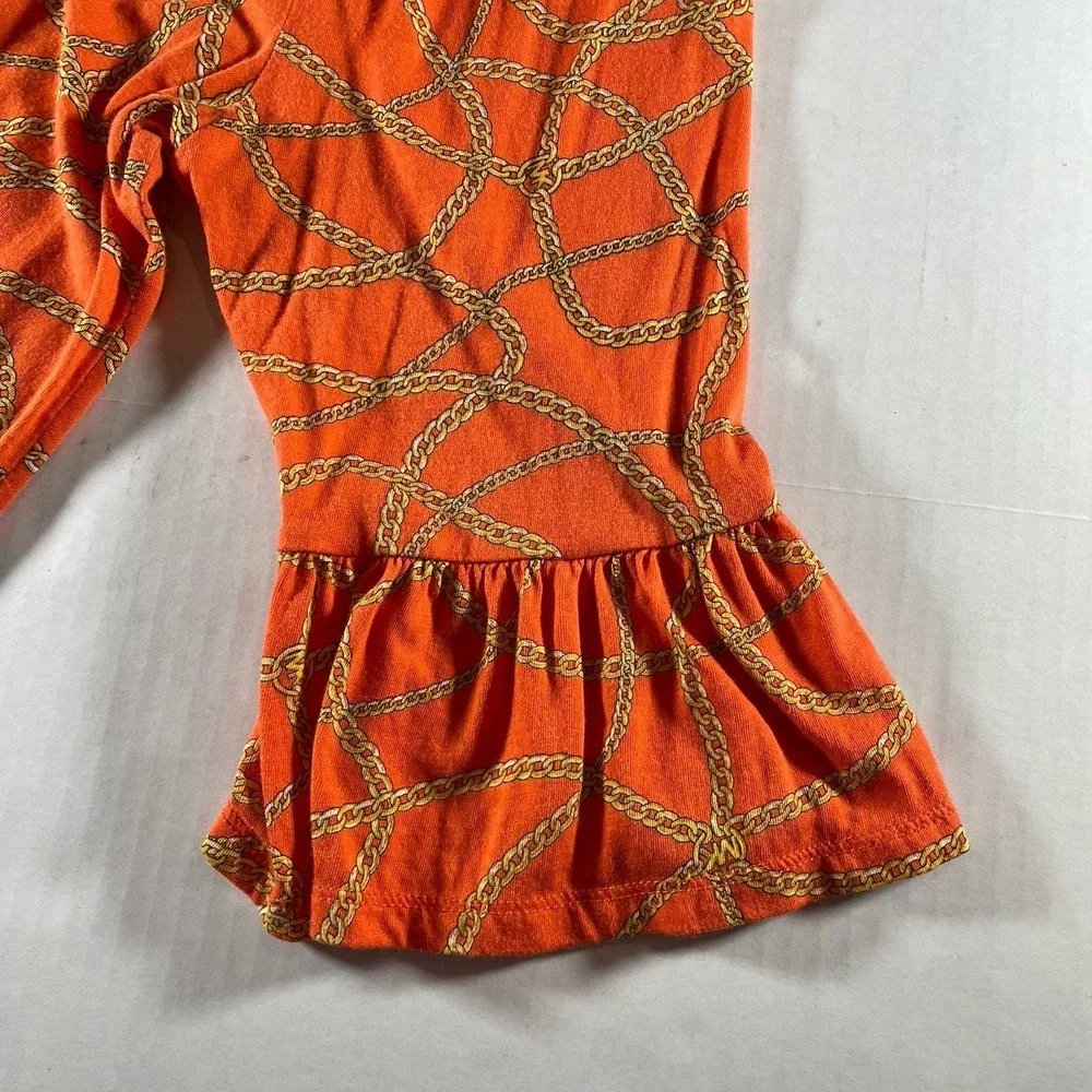 Michael Kors Women's Size L‎ Orange Gold Chain Print 3/4 Bell Sleeve Blouse Top