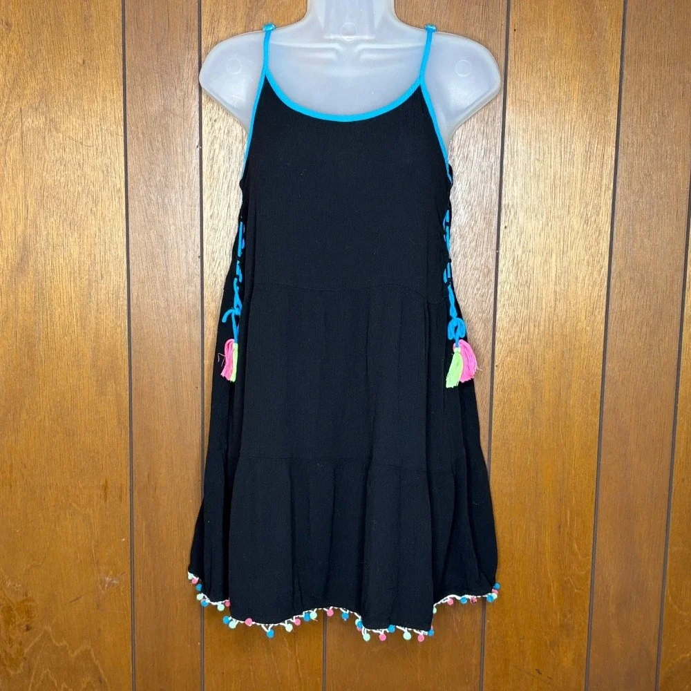 Justice Girls Dress 14 16 Black Tassel Pom Pom Side Laceup Beach Coverup Boho‎