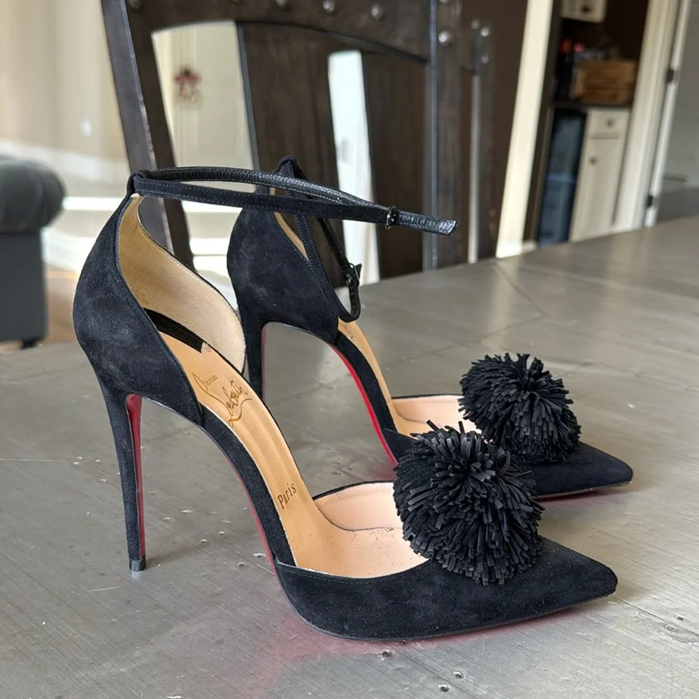 Christian Louboutin tsarou 100mm black suede stiletto pom Pom sz 38