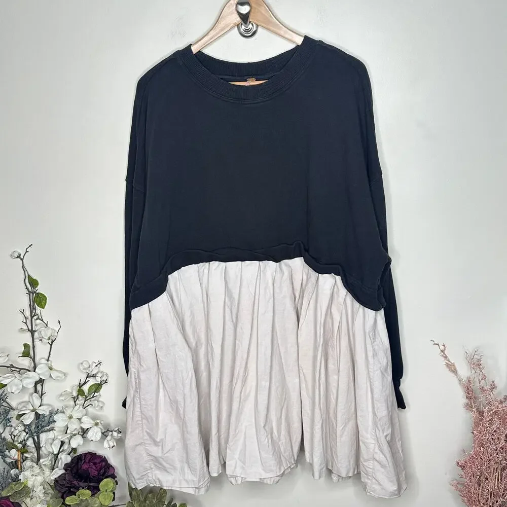 FREE PEOPLE Eleanor Sweatshirt Dress Black Ivory Sz L $128 {3C44}