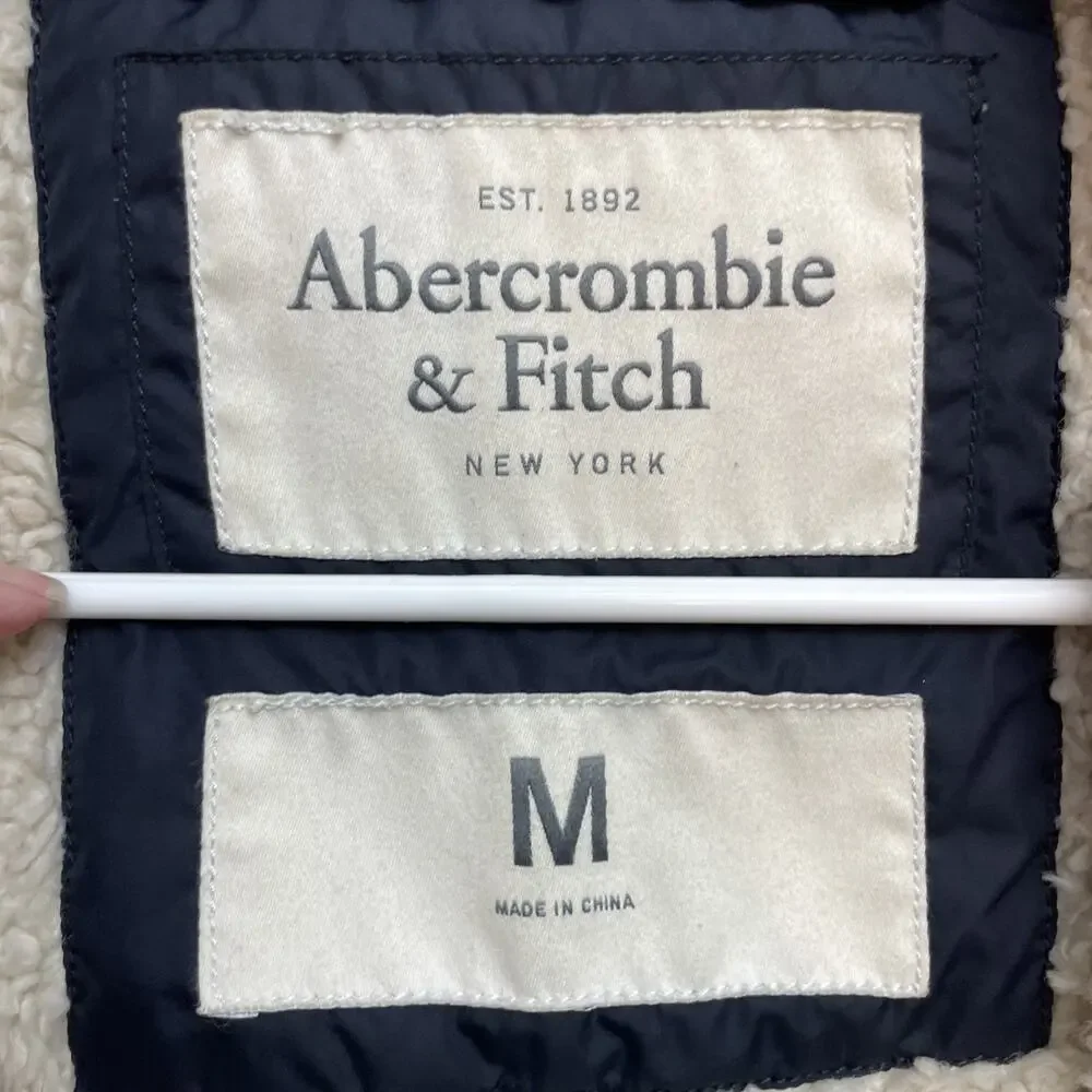 Abercrombie & Fitch Bomber Jacket Mens M Navy‎ Sherpa Lined Logo Sleeve Patch