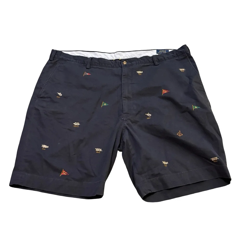 Polo Ralph Lauren Mens 46 Navy Blue Nautical Knot Embroidered Chino Shorts