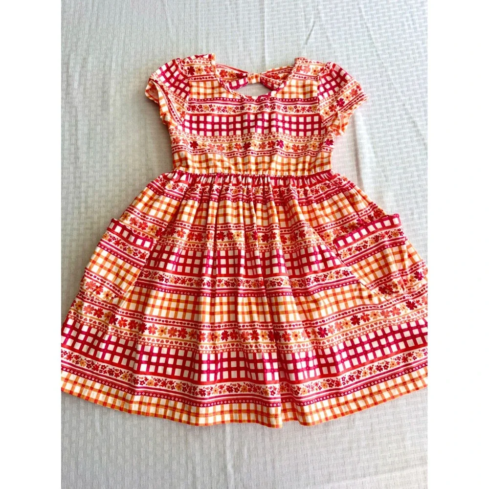 Flapdoodles Girls Orange Pink Gingham Floral Bow Back Pocket Dress Size 8
