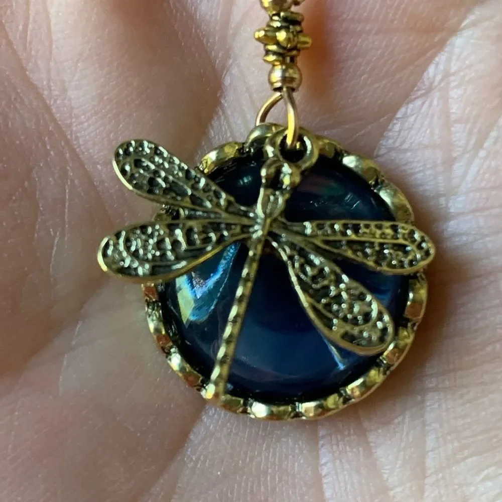 Blue Dragonfly Glass Pendant Necklace Victorian Garden Style