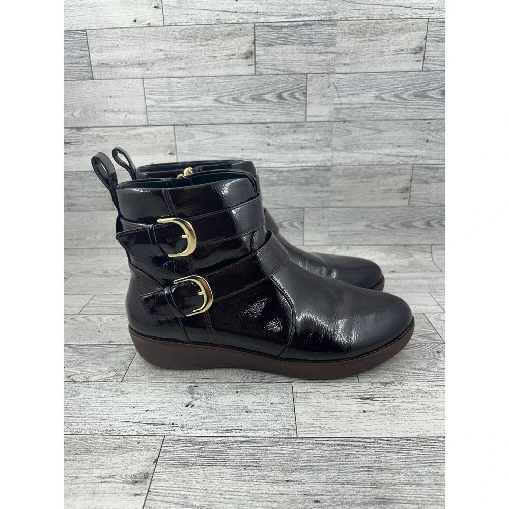 Fitflop Supercomff Comfort Ankle Boots Size US 7.5‎ Gold Buckle Brown Patent