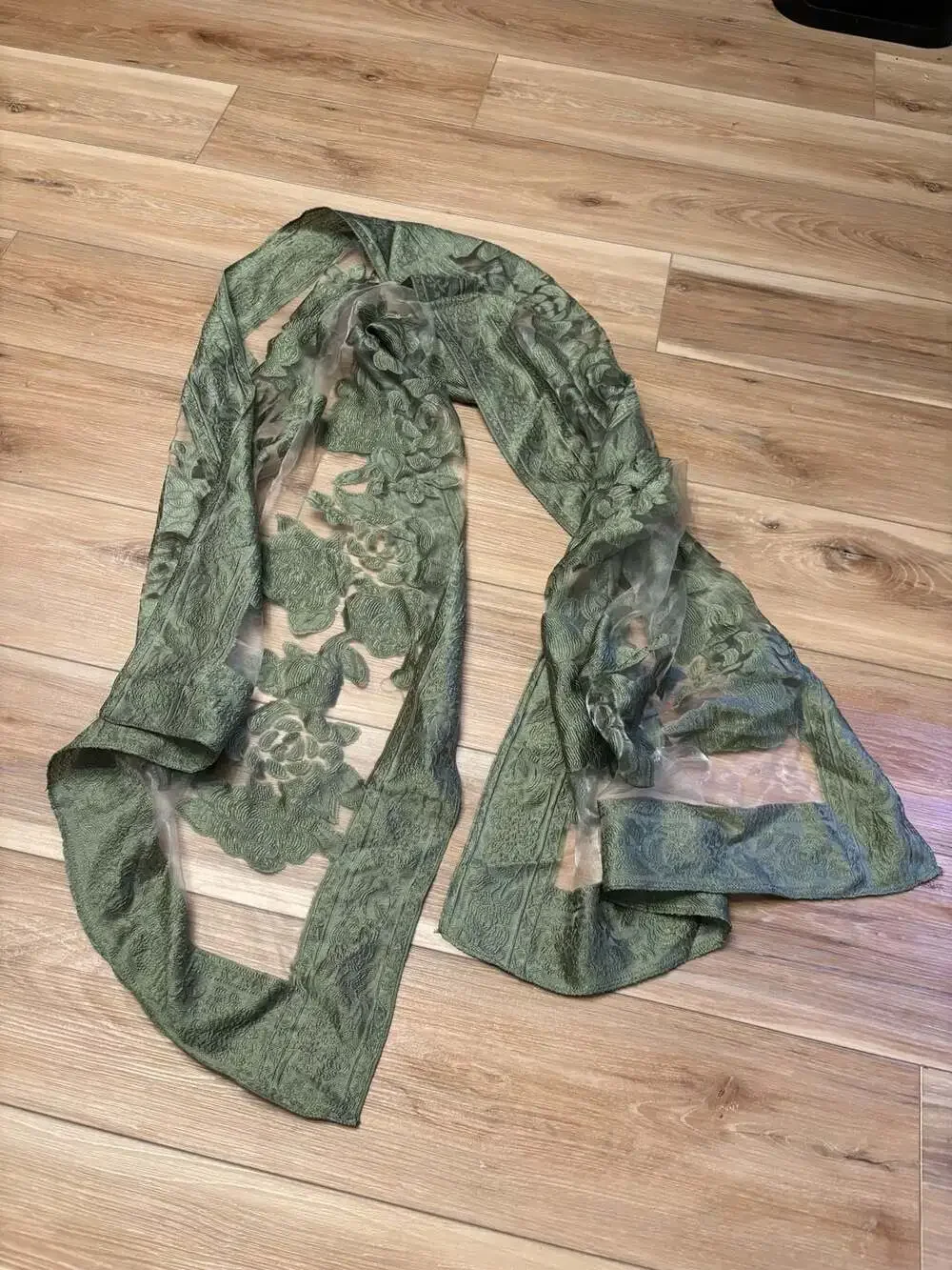 Olive Green Floral Embroidered Sheer Lace Table Runner or Decorative Scarf