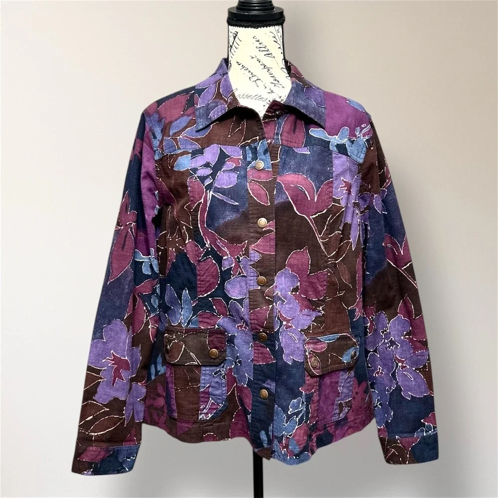 Vintage Coldwater Creek Floral Cotton Shacket Purple Blue Button Front‎ 16 Boho