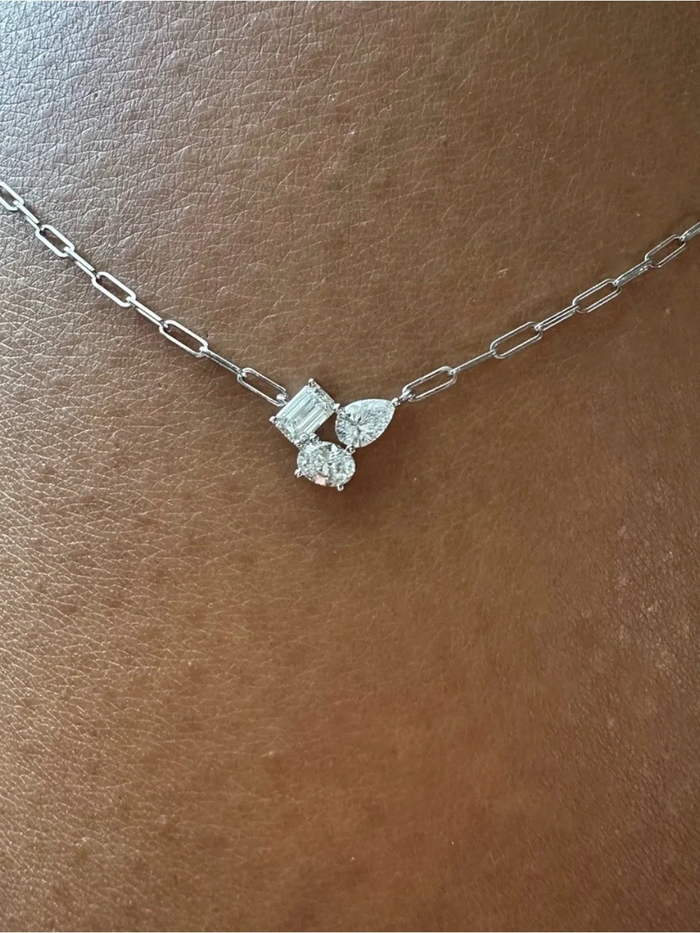 14K White Gold 0.55ctw Multi Shape Natural Diamond Paperclip Necklace