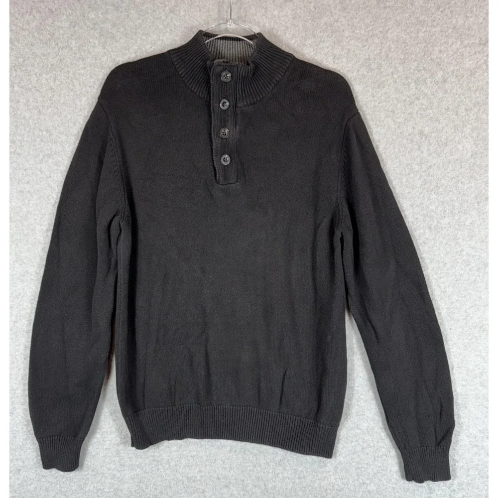 Grayson & Dunn Sweater Mens Medium Black Button Mock Neck Pullover Cotton Warm