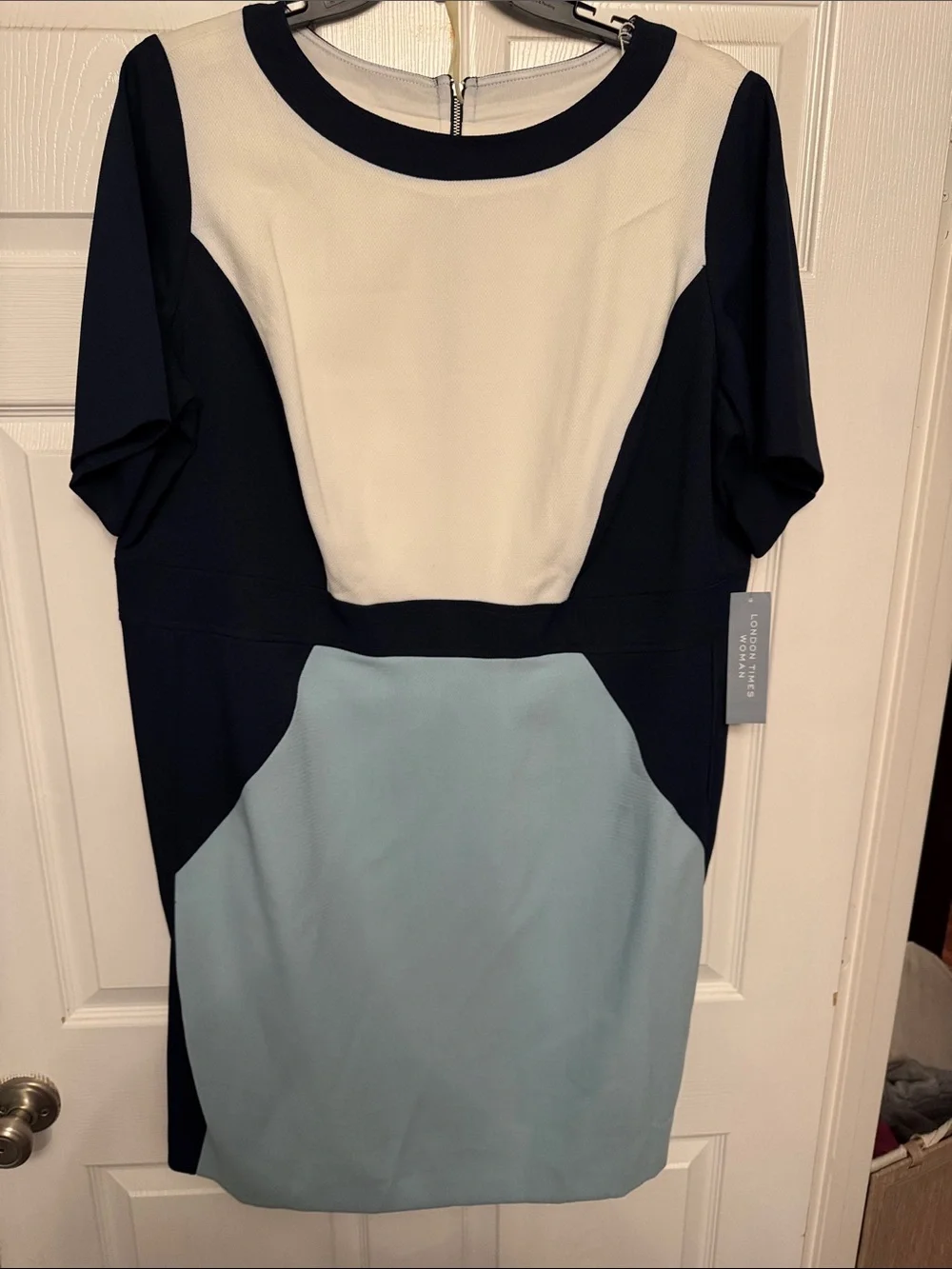 London Times Navy, White & Light Blue Colorblock Midi Dress