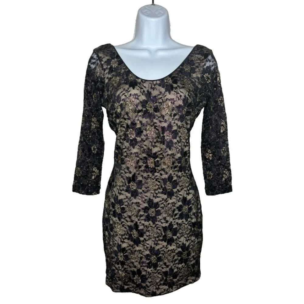 Dress The Population Sz M Purple/Gold Metallic Lace Cocktail Dress  (1554)