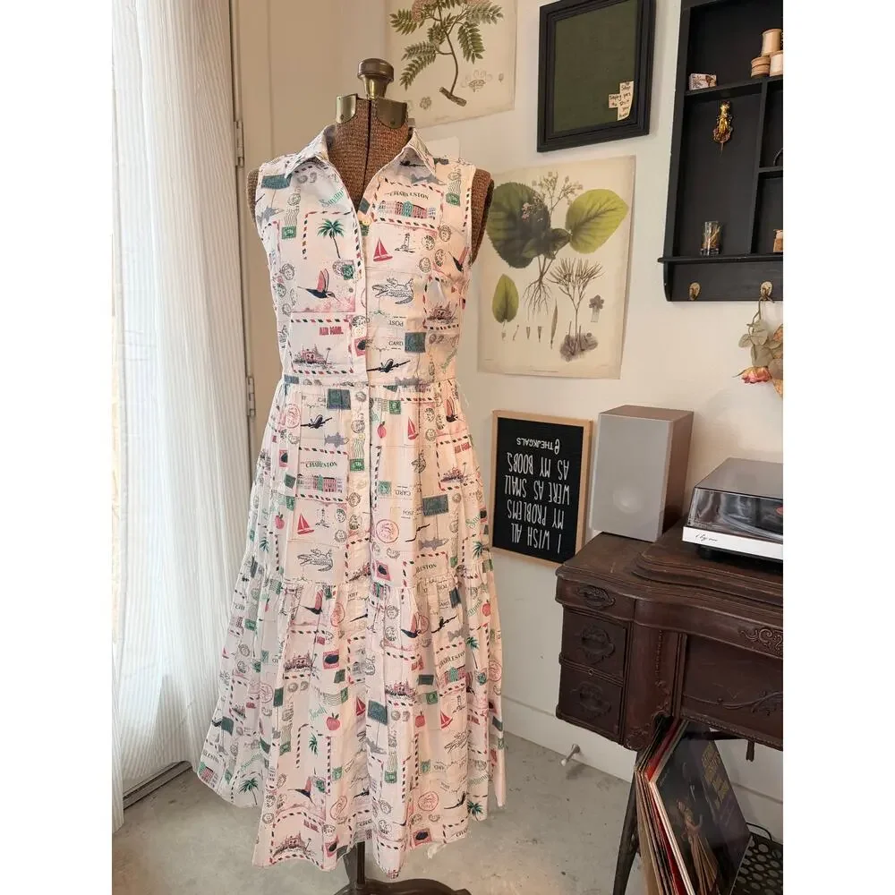 J.Crew Postcard Print Sleeveless Midi Dress 2P NWT Cottage Core Missing Belt
