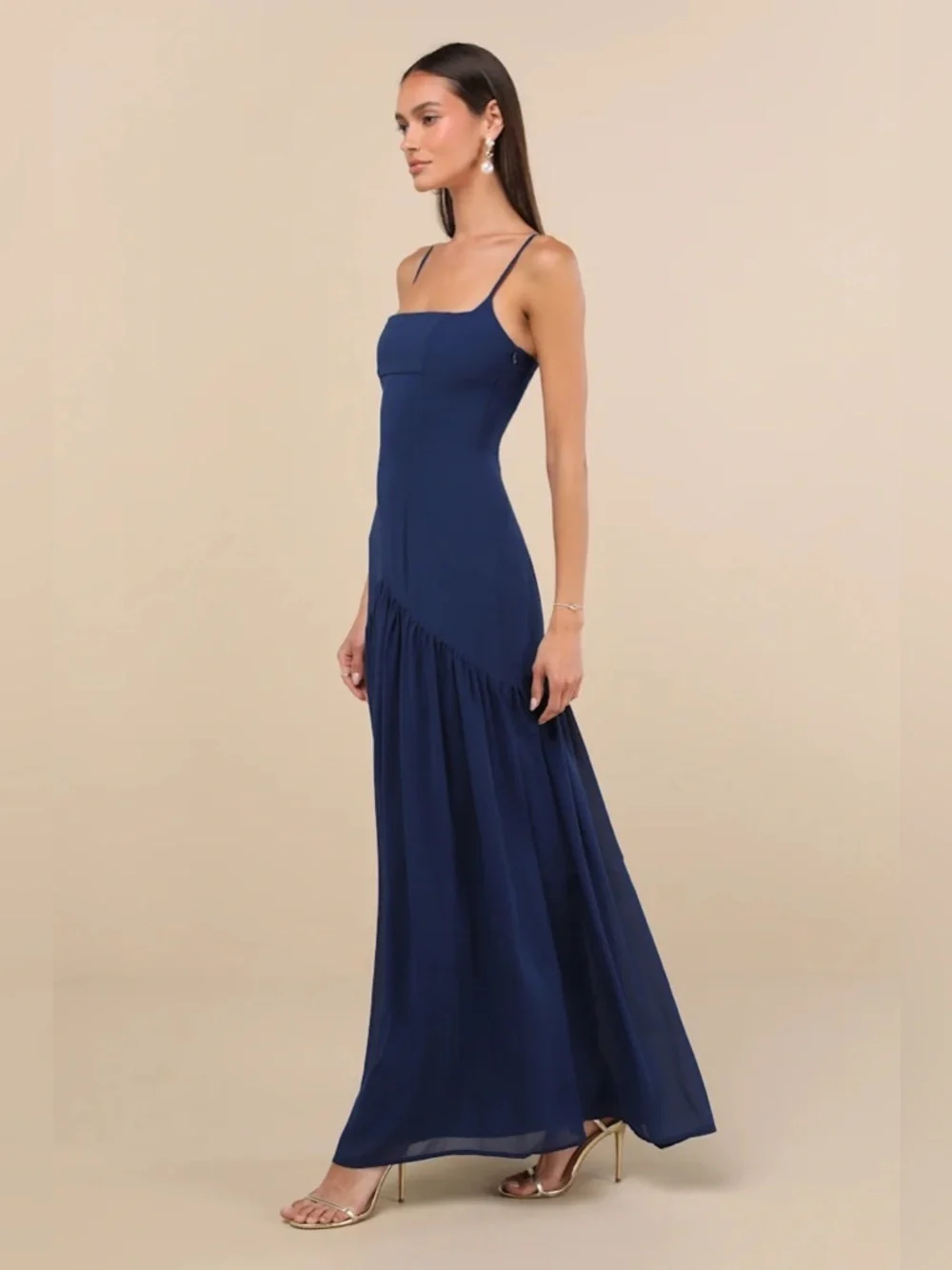 Lulus Auria Navy Blue Chiffon Drop Waist Maxi Dress