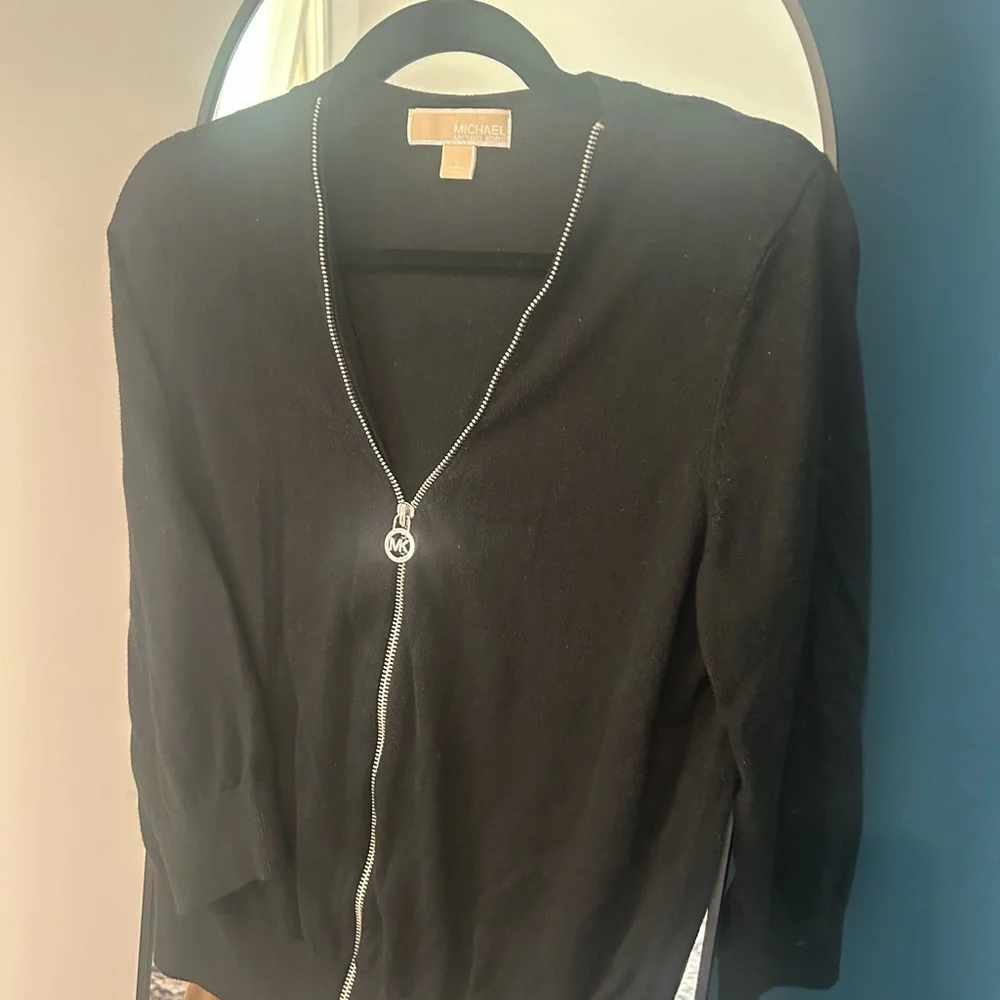 Michael Kors Black Zip-Front Cardigan with MK Pull