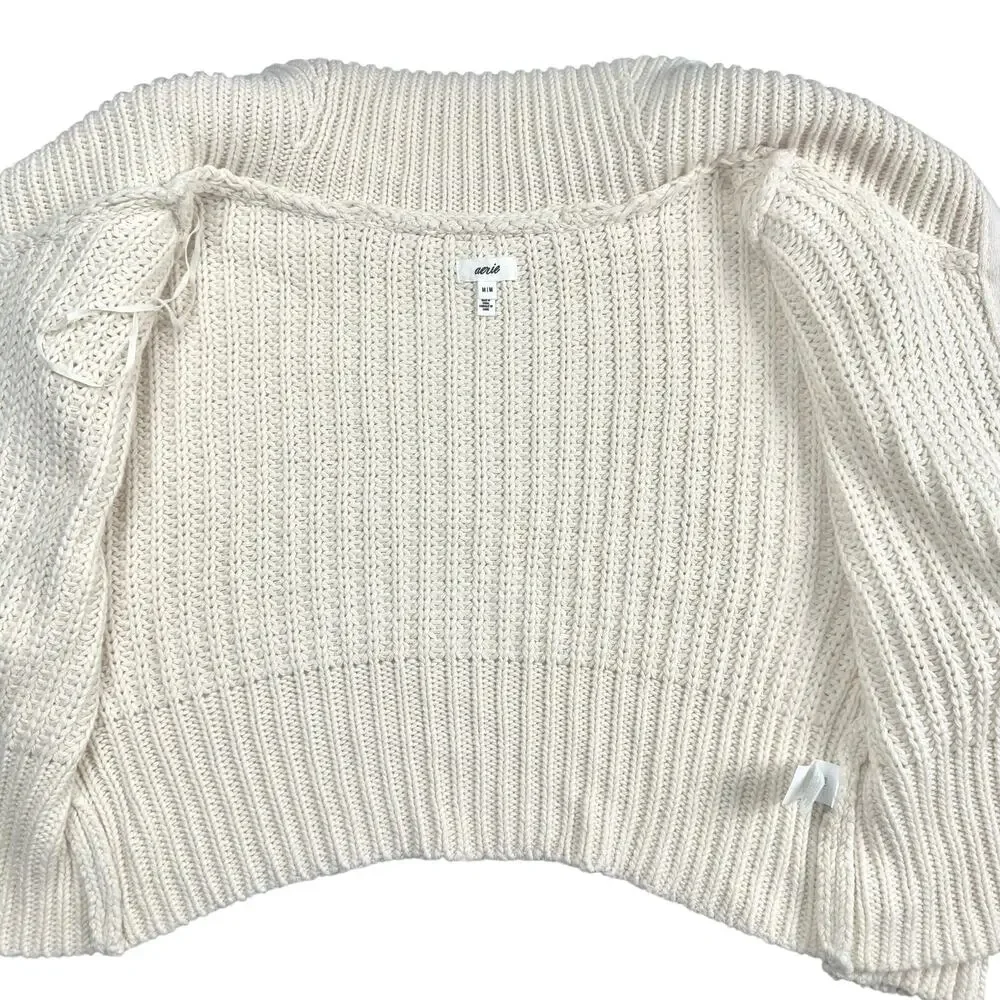 Aerie | Women | Double Zip Cream Ribbed Cotton Yarn Cropped Cardigan | Small