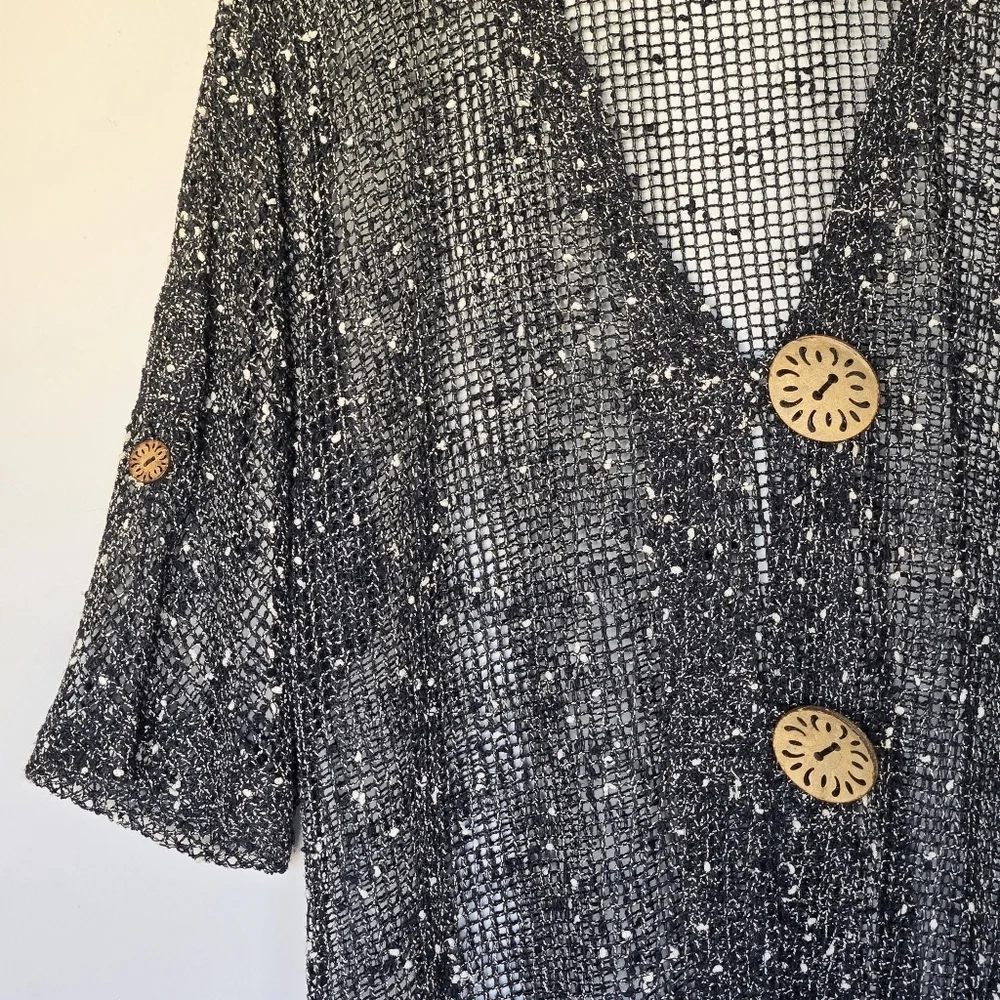 LULU-B Open Weave Mesh Cardigan Top Large Buttons Lagenlook Black Cream Size L