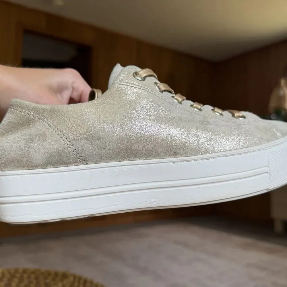 $420 Paul Green Hadley Platform Sneaker Leather Metallic Gold Beige UK 5.5 US 8