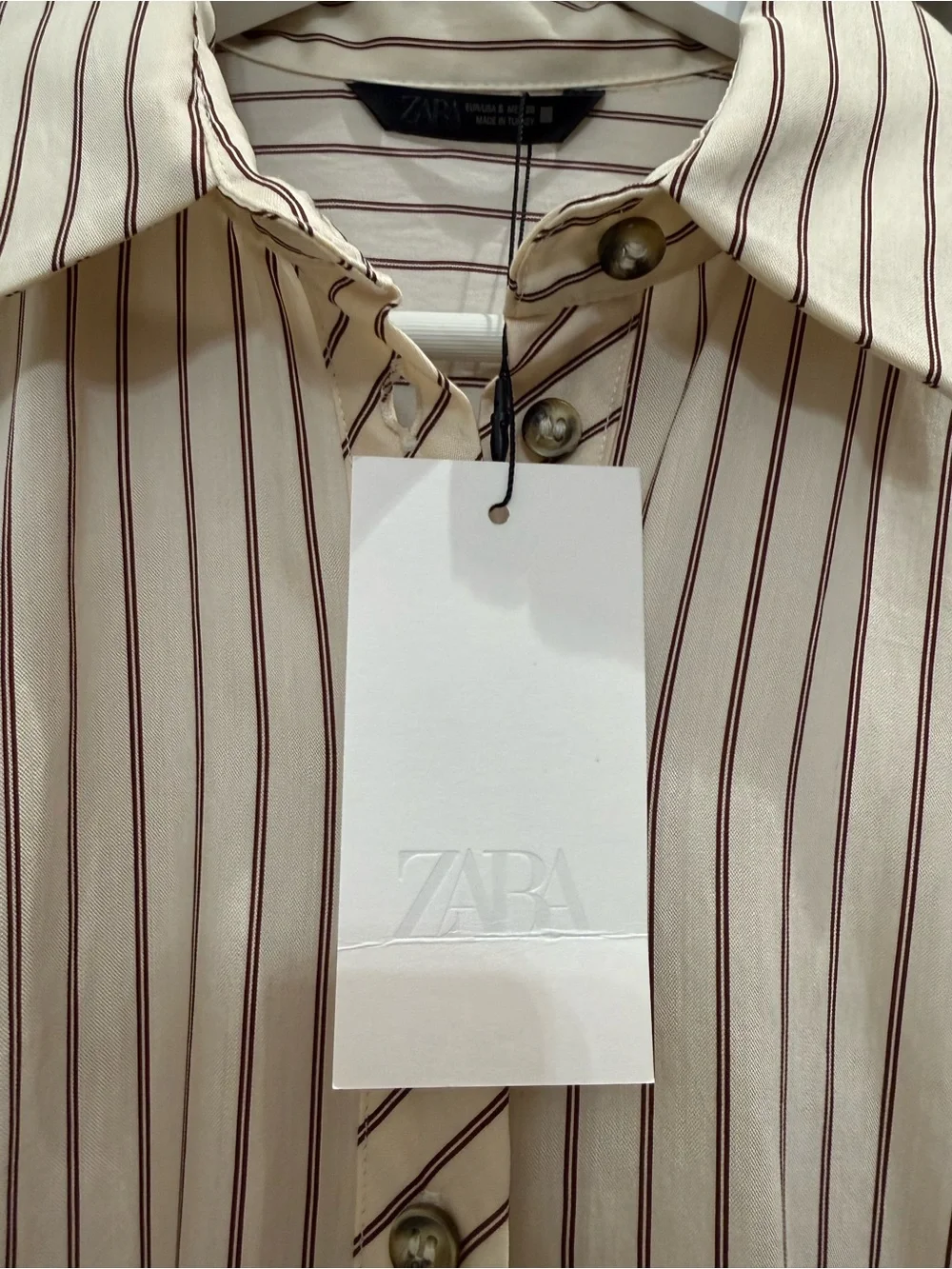 Zara Cream Shirt with Brown Pinstripes w/Unique Button Cinch