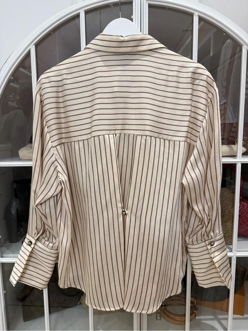 Zara Cream Shirt with Brown Pinstripes w/Unique Button Cinch