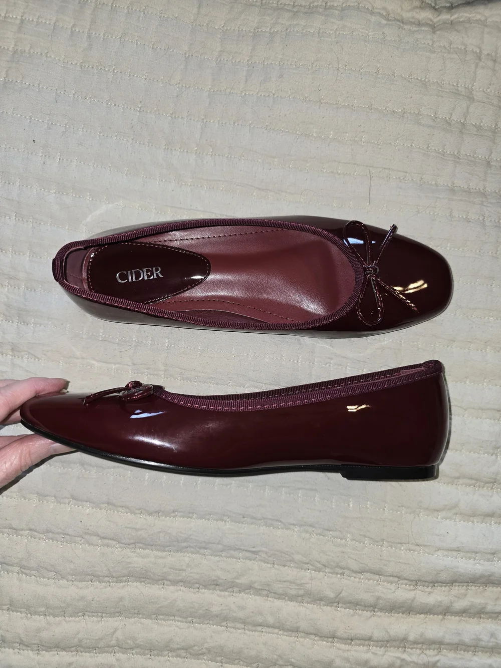 Wine Square Toe Flats With Bow Detail. Adorable Shoe With Patent Finish.