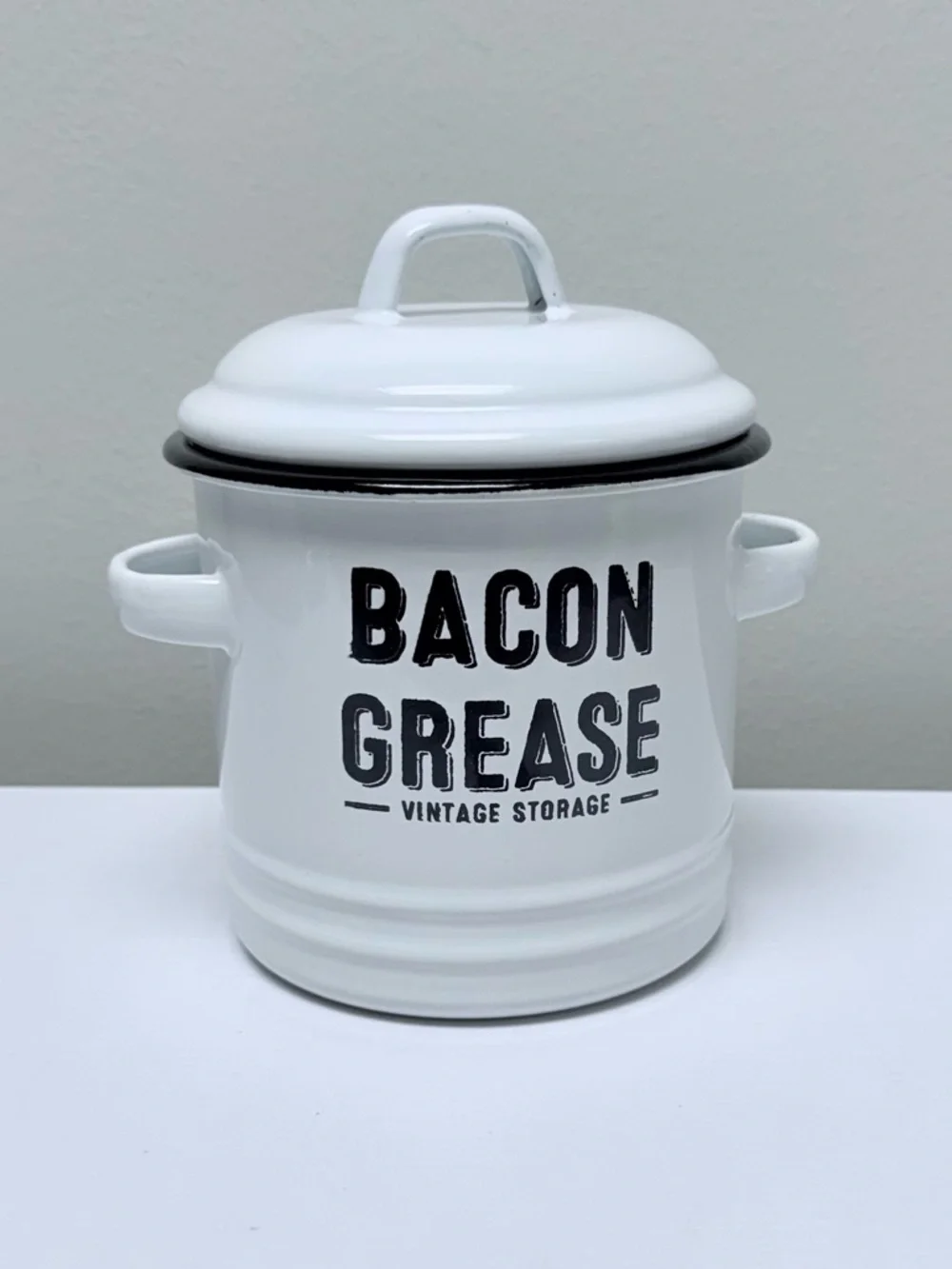 Bacon Grease Vintage White Metal Storage Canister - White w/ Black Letters, New