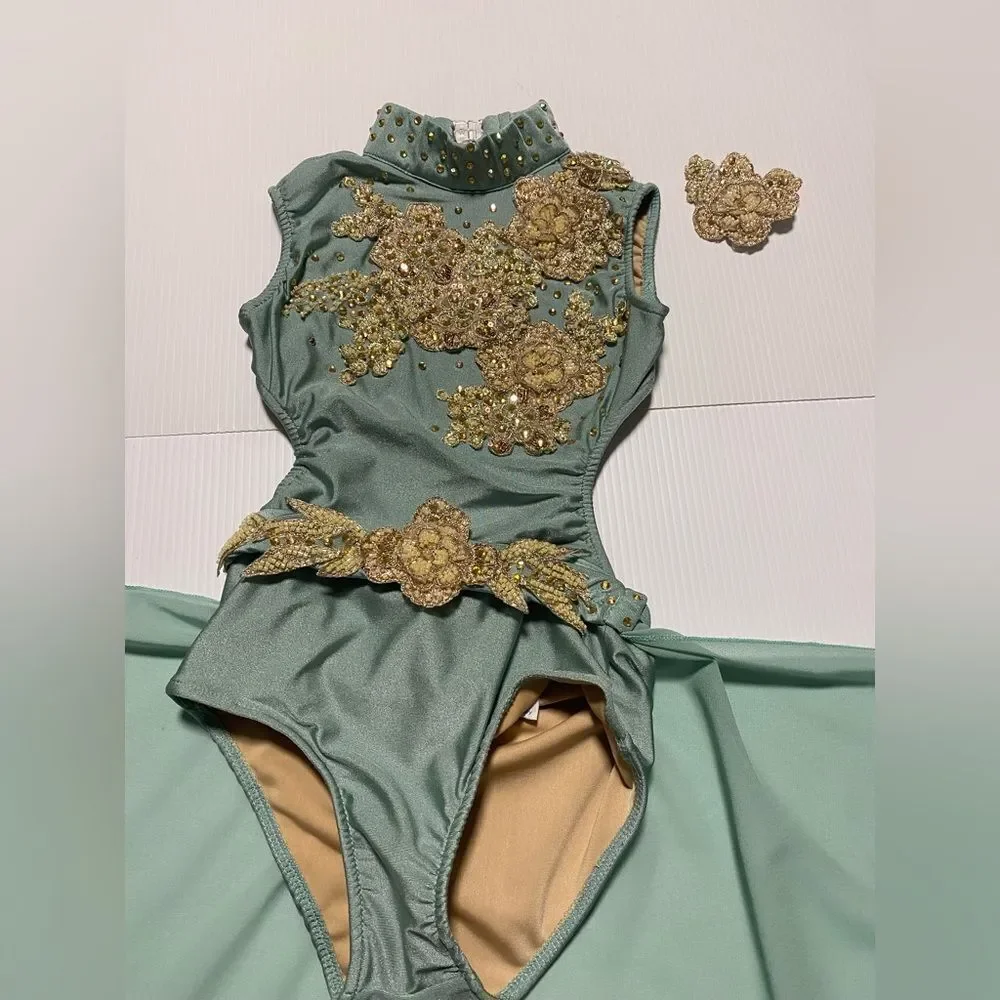 Rare Glamour competition solo dance costume   sage green lyrical SC child