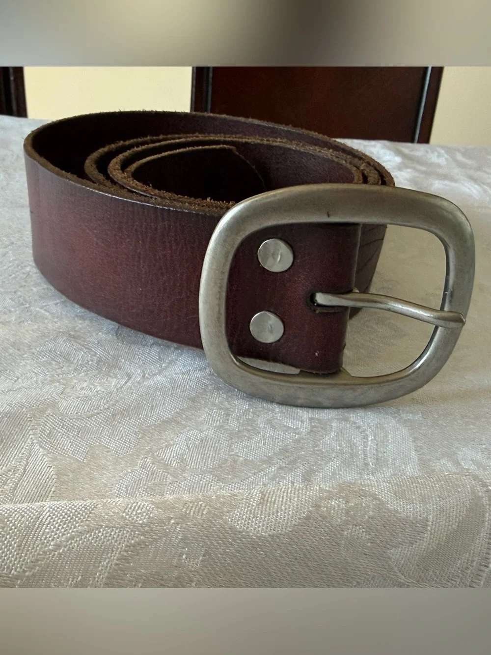 Brown Leather Belt with Brushed Silver Buckle