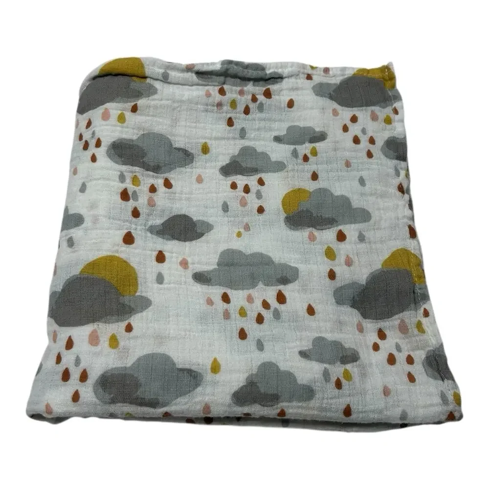 Bebe Au Lait Muslin Swaddle Blanket Rain Clouds Sun Gray Yellow Pure & Simple