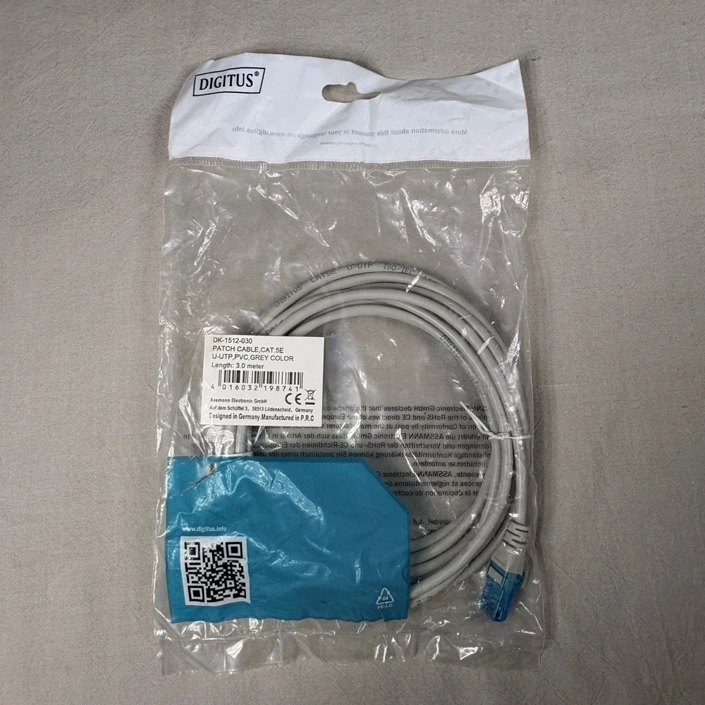 Digitus Cat 5e U-UTP PVC Patch Cable 3m Grey Ethernet‎ Network DK-1512-030