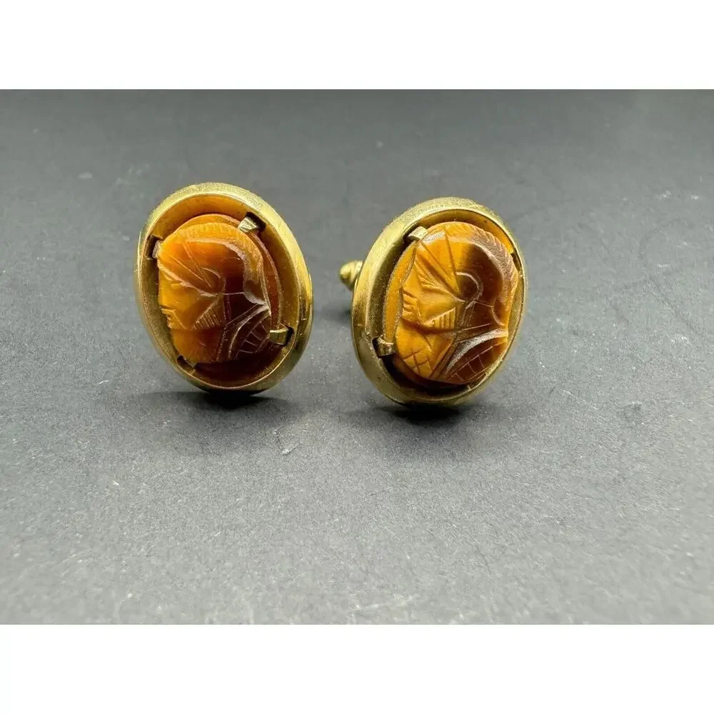 Vintage Gold Tone Carved Tiger's Eye Roman Soldier Warrior Cameo Cufflinks